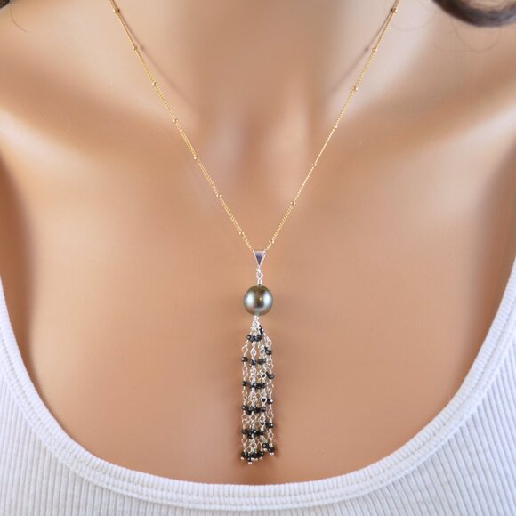Tahitian Pearl Necklace with Black Gemstone Tassel in Gold and Silver - Picture 3 of 6